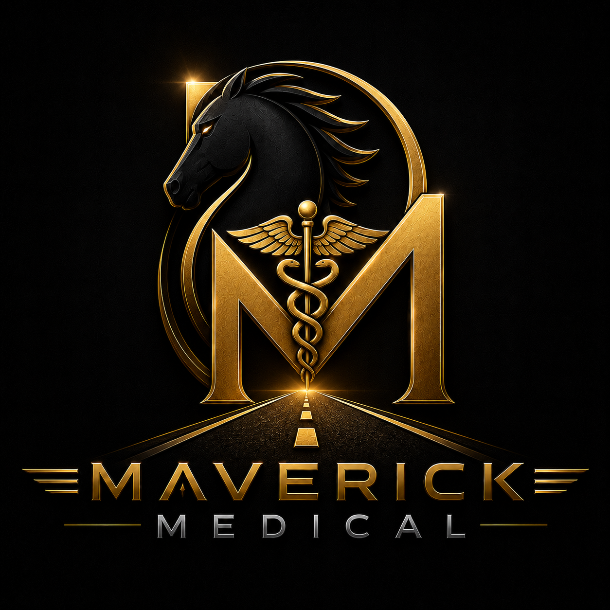 Maverick Medical gold horse and medical emblem with a road leading toward the horizon